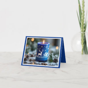Reindeer and Santa lighted blue candle Holiday Card