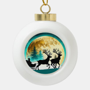 Reindeer and Sleigh full moon Ceramic Ball Christmas Ornament