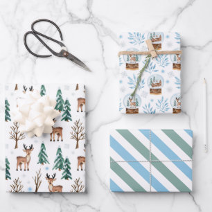 Reindeer and Snow Globes Wrapping Paper Set of 3