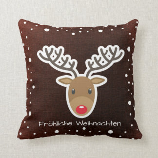 Reindeer And Snow On Red Fröhliche Weihnachten Cushion