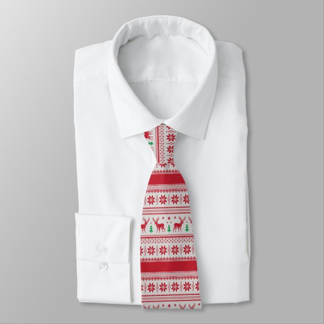 Reindeer and Snowflakes Fair Isle Design Necktie (Tied)