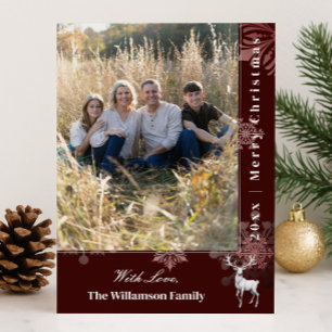 Reindeer and Snowflakes Holiday Photo   Red Card