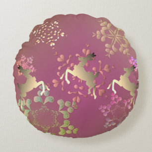 Reindeer and Snowflakes on Gradient Purple Round Cushion