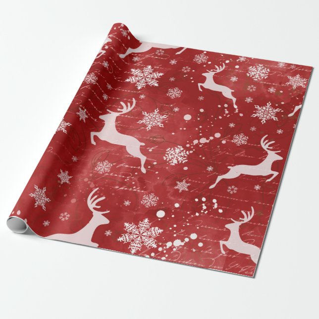 Reindeer and Snowflakes on Red Background Wrapping Paper (Unrolled)