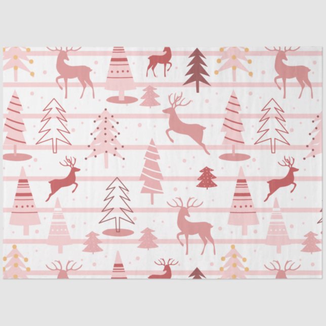 Reindeer and Snowflakes Pink White Christmas Tissue Paper (Front)