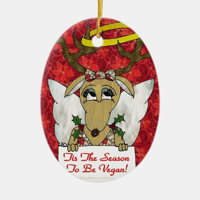 Reindeer Angel Tis The Season to Be Vegan Ceramic Ornament (Front)