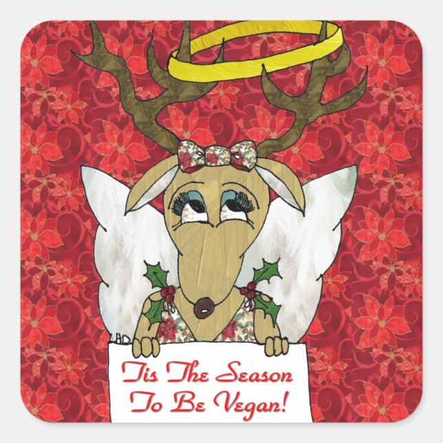 Reindeer Angel Tis The Season to Be Vegan Square Sticker (Front)