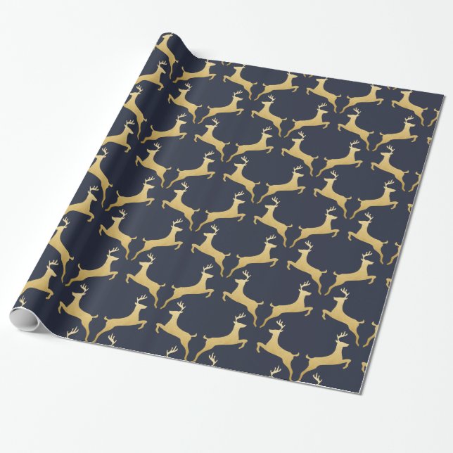 Reindeer | Antler Christmas Gold Foil | Navy Blue Wrapping Paper (Unrolled)
