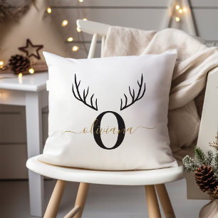 Reindeer Antler   Elegant Monogram Christmas Cushion