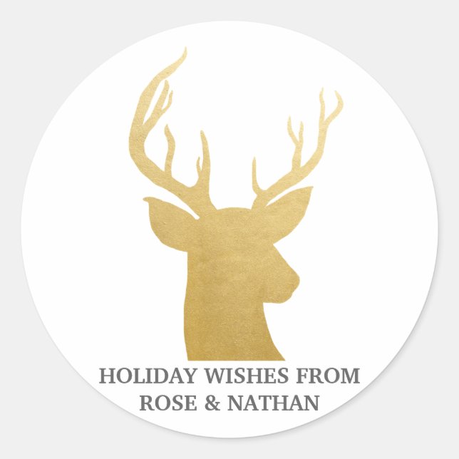 Reindeer | Antler | Faux Gold Foil | Holiday Classic Round Sticker (Front)