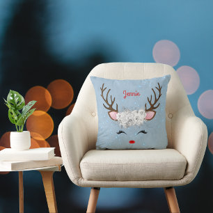 Reindeer Antlers and Roses with Name on Sky Blue Cushion