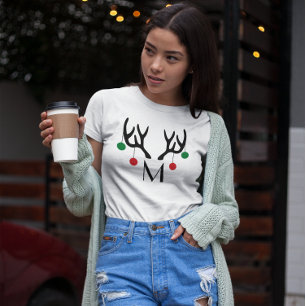 Reindeer Antlers Modern Christmas Monogram  T-Shirt