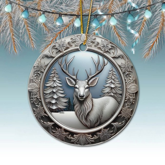 Reindeer Antlers, Trees, Unique Silver Deer 🦌🎄 Ceramic Ornament (Elegant Silver Reindeer Decoration, Deer Antlers Decor,  Winter Trees Scene Ornament Front/Back 🦌🎄)