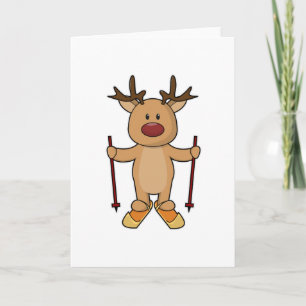 Reindeer as Skier with Skis & Ski poles Card
