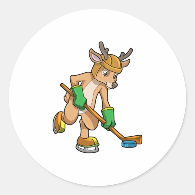 Reindeer at Ice hockey with Hockey stick Classic Round Sticker (Front)