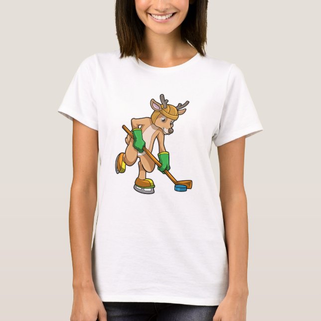 Reindeer at Ice hockey with Ice hockey stick T-Shirt (Front)