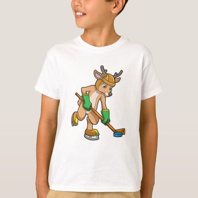 Reindeer at Ice hockey with Ice hockey stick T-Shirt (Front)