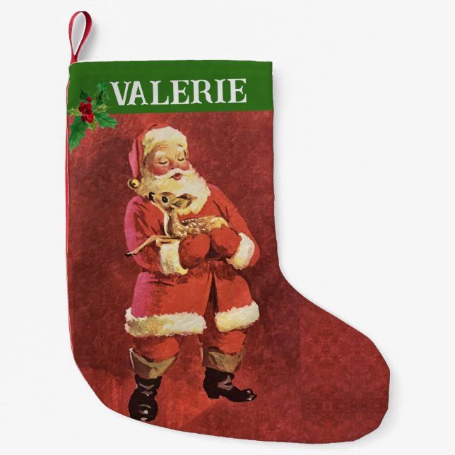 Reindeer Baby Santa Claus Add Name Small Christmas Stocking (Front)