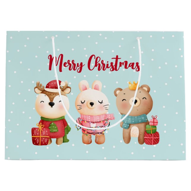 Reindeer, Bear & Rabbit Merry Christmas Large Gift Bag (Front)