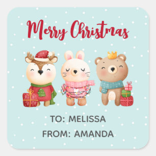 Reindeer, Bear & Rabbit Merry Christmas Square Sticker