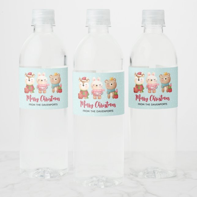 Reindeer, Bear & Rabbit Merry Christmas Water Bottle Label (Bottles)