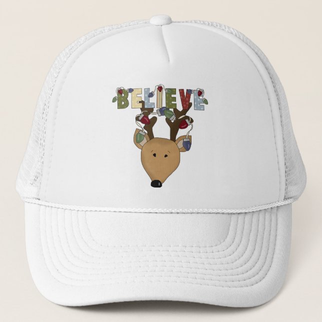 Reindeer Believe Holiday Christmas Primsical Trucker Hat (Front)