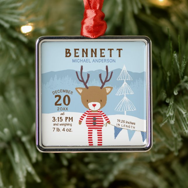Reindeer Birth Stats Baby's 1st Christmas Metal Ornament (Tree)