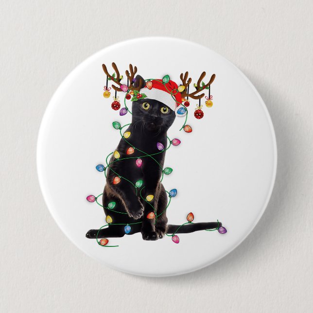 Reindeer Black Cat Christmas Lights Funny Cat Love 7.5 Cm Round Badge (Front)