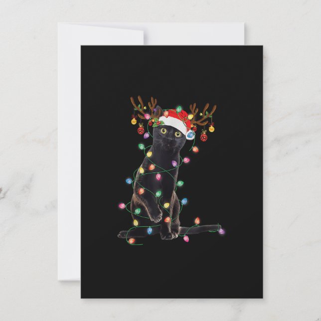 Reindeer Black Cat Christmas Lights Funny Cat Love Invitation (Front)
