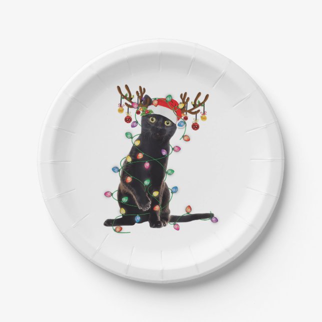 Reindeer Black Cat Christmas Lights Funny Cat Love Paper Plate (Front)