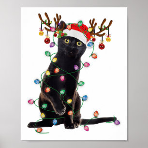 Reindeer Black Cat Christmas Lights Funny Cat Love Poster