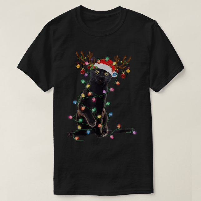 Reindeer Black Cat Christmas Lights Funny Cat Love T-Shirt (Design Front)