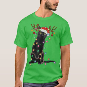Reindeer Black Cat Christmas Lights Funny Cat Love T-Shirt