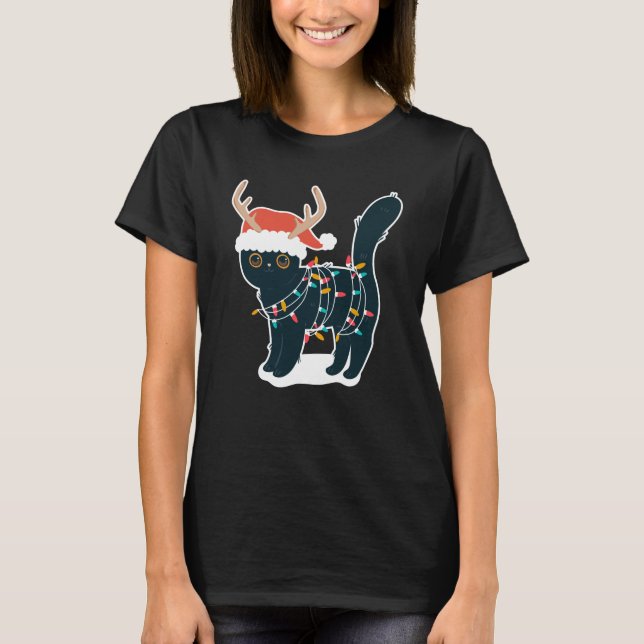 Reindeer Black Cat Christmas Lights Funny T-Shirt (Front)