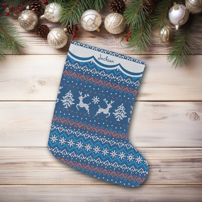 Reindeer Blue Nordic Pattern Large Christmas Stocking (Creator Uploaded)
