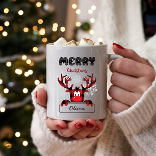 Reindeer Buffalo Plaid Custom Merry Christmas Coffee Mug