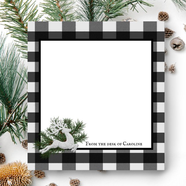 Reindeer Buffalo Plaid Personalised | Black White Notepad (Black and White Reindeer Buffalo Plaid Personalized Notepad)