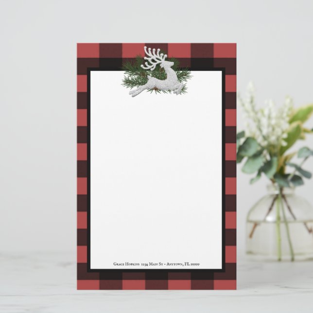 Reindeer Buffalo Plaid Personalised Stationery (Standing Front)