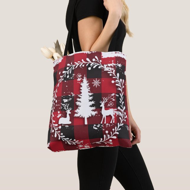 Reindeer Buffalo Plaid Tote Bag (Close Up)
