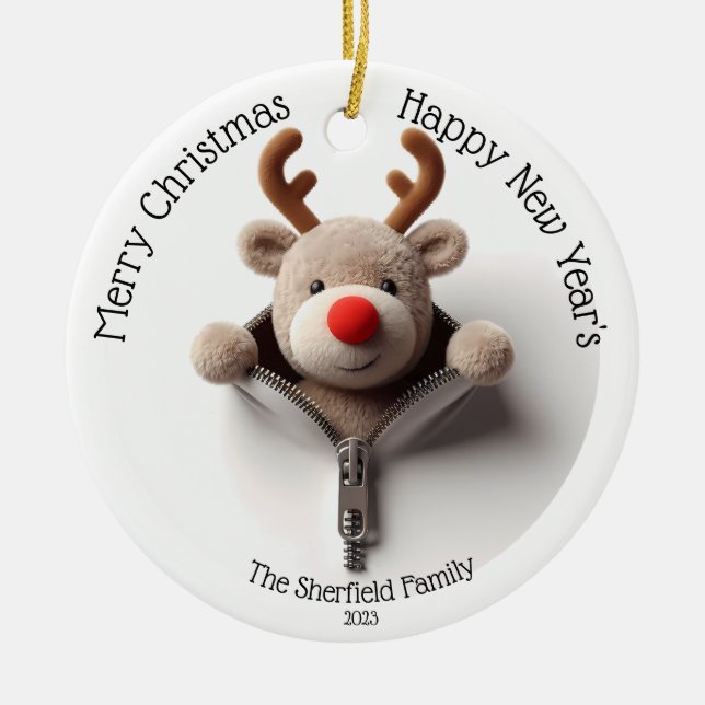 Reindeer- Busted Zipper Personalised Christmas Ceramic Ornament (Front)