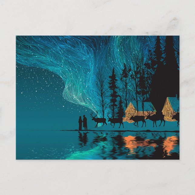 Reindeer, cabin, Northern Lights by a winter lake Holiday Postcard (Front)