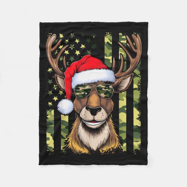 Reindeer Camo American Flag Christmas Pajama X-mas Fleece Blanket (Front)