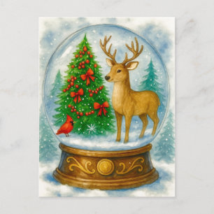 Reindeer Cardinal Christmas Snow Globe Postcard
