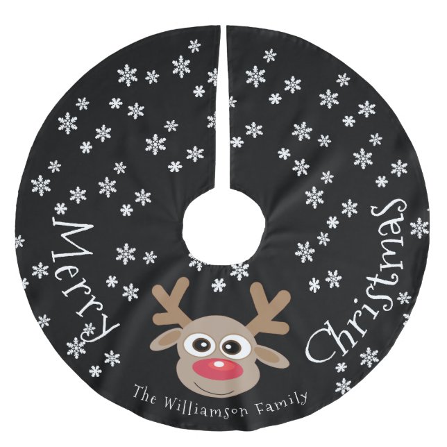 Reindeer Cartoon Christmas Black White Snowflakes  Brushed Polyester Tree Skirt (Front)