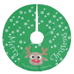 Reindeer Cartoon Christmas Green White Snowflakes Brushed Polyester Tree Skirt