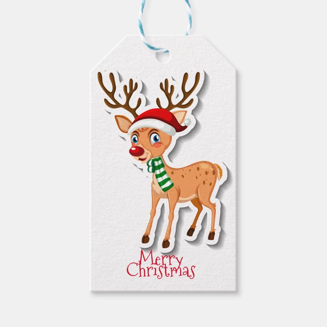 Reindeer Cartoon Gift Tags (A cheerful reindeer wearing a festive red Santa hat and a green striped scarf stands playfully.)