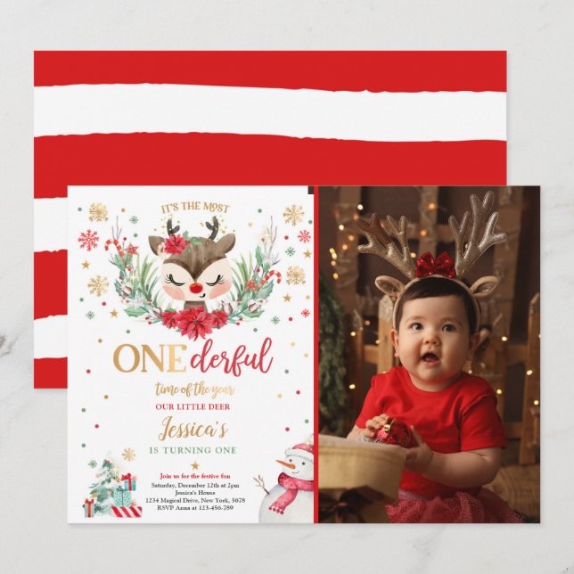 Reindeer Christmas 1st Birthday Red Winter Deer Invitation (Front/Back)