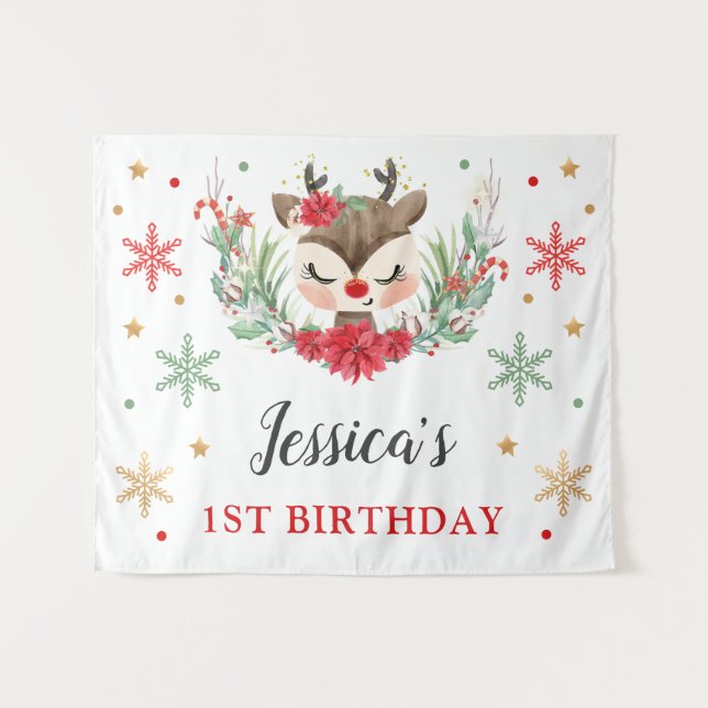 Reindeer Christmas 1st Birthday Winter Deer Banner Tapestry (Front (Horizontal))