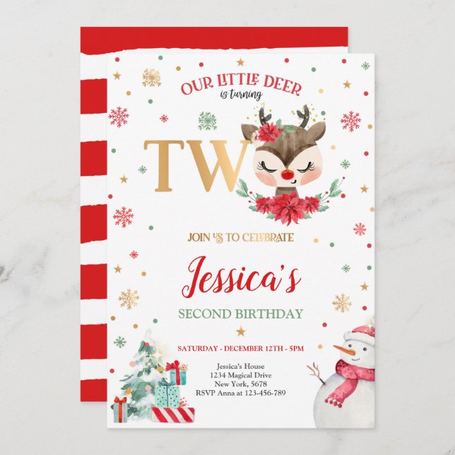 Reindeer Christmas 2nd Birthday Red Winter Deer Invitation (Front/Back)