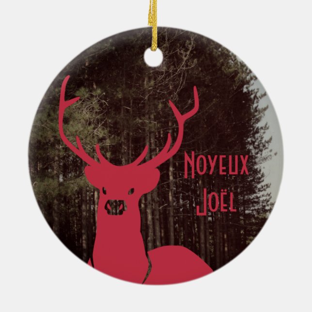 Reindeer Christmas custom text quebecois Ceramic Ornament (Back)